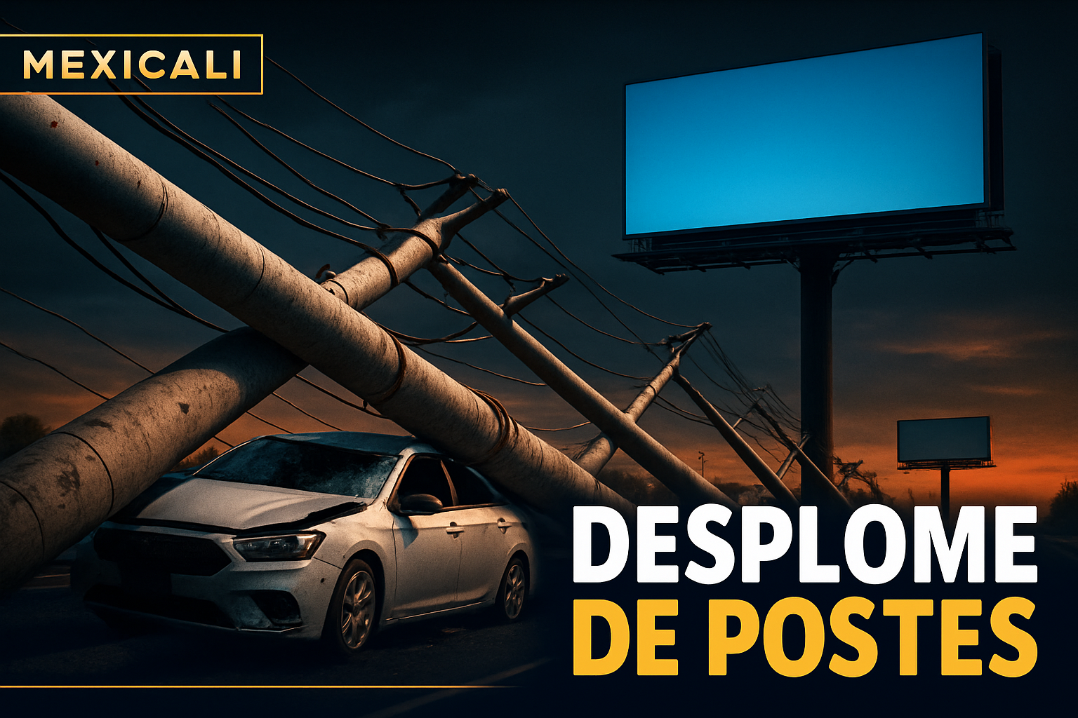 Desplome de 28 postes de luz aplasta un vehículo pero deja intactas las vallas publicitarias en Mexicali